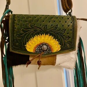 Myra Bag Green Leather Crossbody with Yellow Sunflower & Teal Fringe